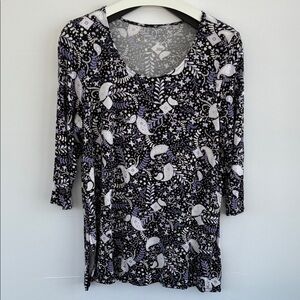 Preswick & Moore Black Purple White Paisley Floral 3/4 Long Sleeve Top Large